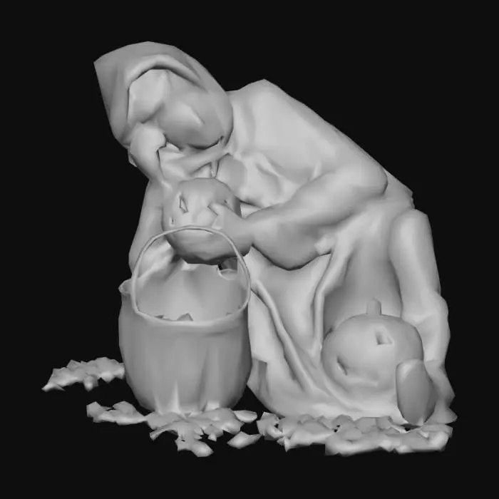 3D model for realistic. human. detailed. 3d character of a teenager dressed in a halloween costume. Posed curled up laying on the ground asleep. Posed with his arms hugging an empty bucket of halloween candy. empty candy wrappers laying on him and around him. Posed with a sick look on his face from eating too much candy. Halloween2025#