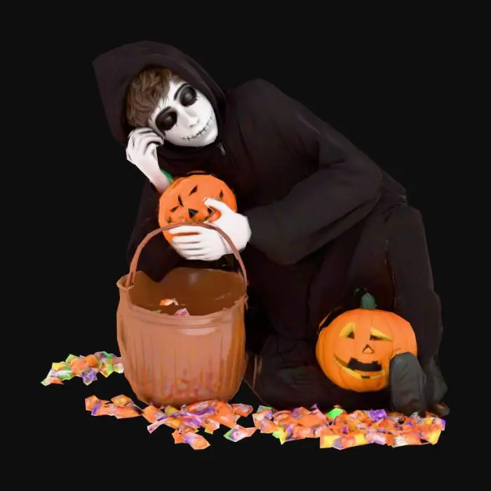 3D model for realistic. human. detailed. 3d character of a teenager dressed in a halloween costume. Posed curled up laying on the ground asleep. Posed with his arms hugging an empty bucket of halloween candy. empty candy wrappers laying on him and around him. Posed with a sick look on his face from eating too much candy. Halloween2025#