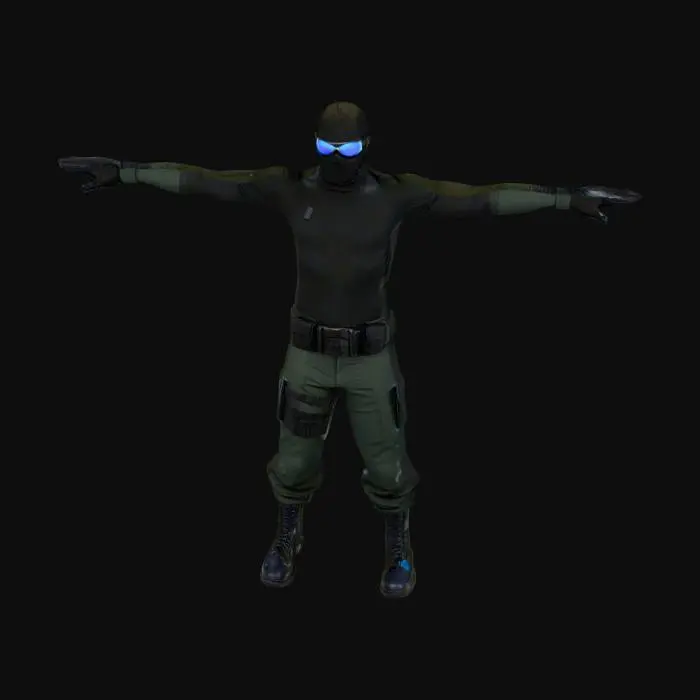 3D model for generic faceless soldier wearing nothing but miltary pants, boots, longsleeve, gloves, ski mask, sunglasses