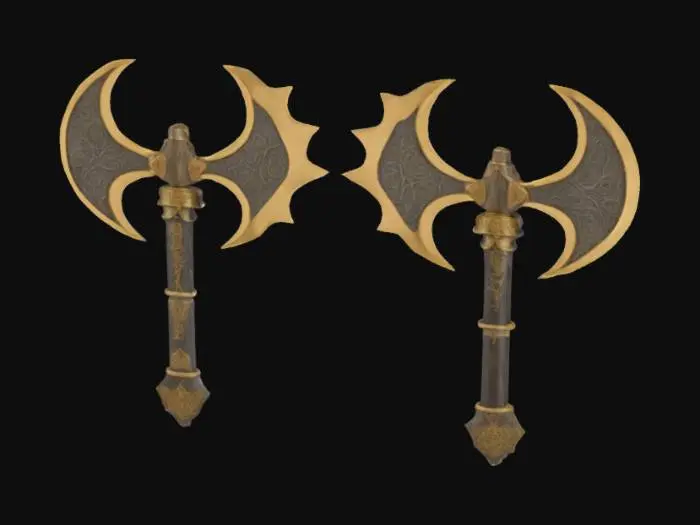 3D model for The object features a double-headed axe shape with intricate, demonic-like and wing-like, serrated golden blades, a detailed, ornamental handle covered in runes, and a metallic, textured surface.