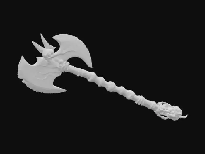 3D model for The object features a double-headed axe shape with intricate, demonic-like and wing-like, serrated golden blades made from dragon teeth, a detailed, ornamental handle covered in runes, topped with skulls linked to the blade with bones, a metallic, textured surface. 500,000 faces or more and 250,000 vertices or more