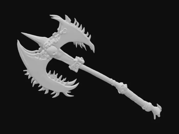 3D model for The object features a double-headed axe shape with intricate, demonic-like and wing-like, serrated golden blades made from dragon teeth, a detailed, ornamental handle covered in runes, topped with skulls linked to the blade with bones, a metallic, textured surface. 500,000 faces or more and 250,000 vertices or more