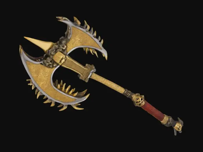 3D model for The object features a double-headed axe shape with intricate, demonic-like and wing-like, serrated golden blades made from dragon teeth, a detailed, ornamental handle covered in runes, topped with skulls linked to the blade with bones, a metallic, textured surface. 500,000 faces or more and 250,000 vertices or more