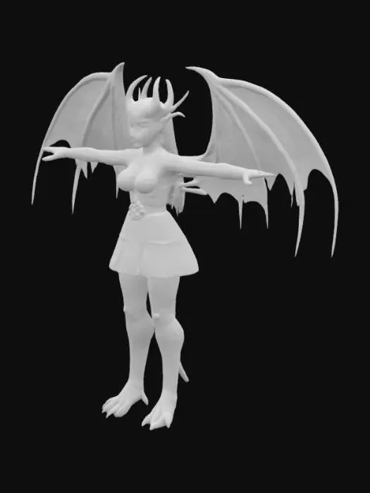 3D model for dragon girl with extreme detail so when zoomed in you can see each individual pore in the skin. wings like a fair repaired by bones. t pose for ringing. clothes on 
