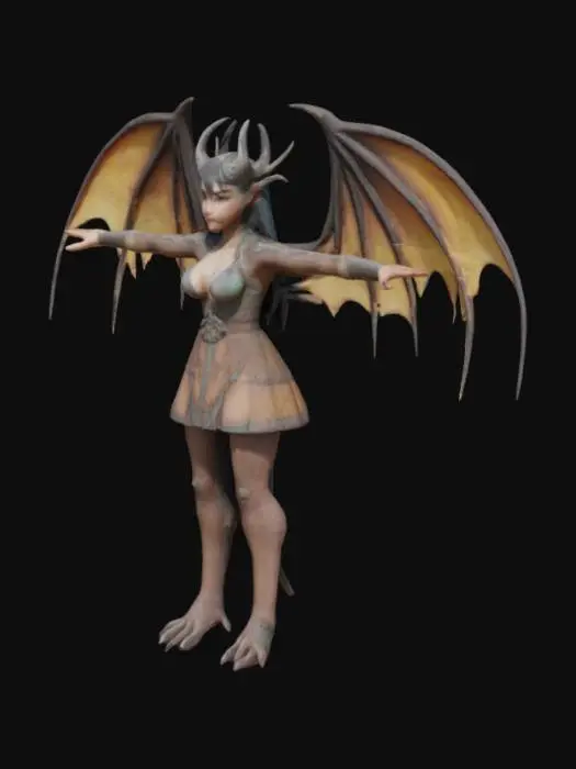 3D model for dragon girl with extreme detail so when zoomed in you can see each individual pore in the skin. wings like a fair repaired by bones. t pose for ringing. clothes on 
