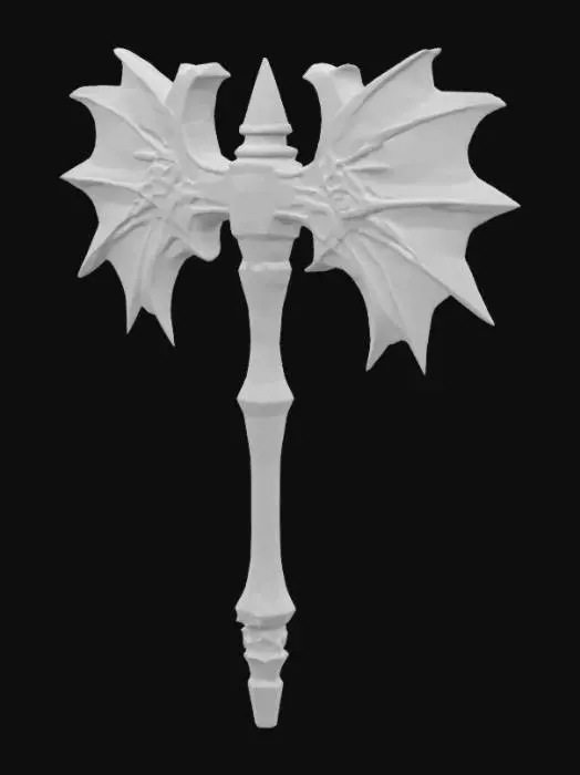 3D model for The object features a double-headed axe shape with intricate, demonic-like and wing-like, serrated golden blades, a detailed, ornamental handle covered in runes, and a metallic, textured surface.