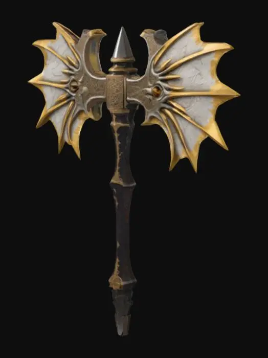 3D model for The object features a double-headed axe shape with intricate, demonic-like and wing-like, serrated golden blades, a detailed, ornamental handle covered in runes, and a metallic, textured surface.