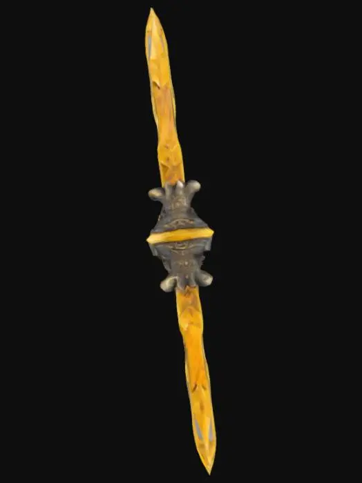 3D model for The object features a double-headed axe shape with intricate, demonic-like and wing-like, serrated golden blades, a detailed, ornamental handle covered in runes, and a metallic, textured surface.