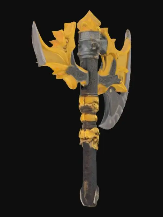 3D model for The object features a double-headed axe shape with intricate, demonic-like and wing-like, serrated golden blades made from dragon teeth, a detailed, ornamental handle covered in runes, topped with skulls linked to the blade with bones, a metallic, textured surface. 500,000 faces or more and 250,000 vertices or more