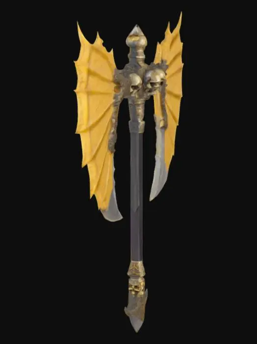 3D model for The object features a double-headed axe shape with intricate, wing-like, serrated golden blades made from dragon teeth, a detailed, ornamental handle covered in runes, topped with skulls linked to the blades with bones, long handle, a metallic, textured surface. 500,000 faces or more and 250,000 vertices or more