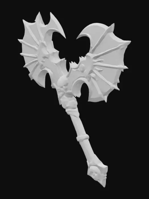 3D model for The object features a double-headed axe shape with intricate, wing-like, serrated golden blades made from dragon teeth, a detailed, ornamental handle covered in runes, topped with skulls linked to the blades with bones, long handle, a metallic, textured surface. 500,000 faces or more and 250,000 vertices or more