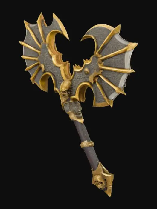 3D model for The object features a double-headed axe shape with intricate, wing-like, serrated golden blades made from dragon teeth, a detailed, ornamental handle covered in runes, topped with skulls linked to the blades with bones, long handle, a metallic, textured surface. 500,000 faces or more and 250,000 vertices or more