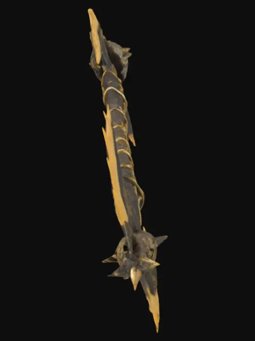 3D model for The object features a double-headed axe shape with intricate, wing-like, serrated golden blades made from dragon teeth, a detailed, ornamental handle covered in runes, topped with skulls linked to the blades with bones, long handle, a metallic, textured surface. 500,000 faces or more and 250,000 vertices or more