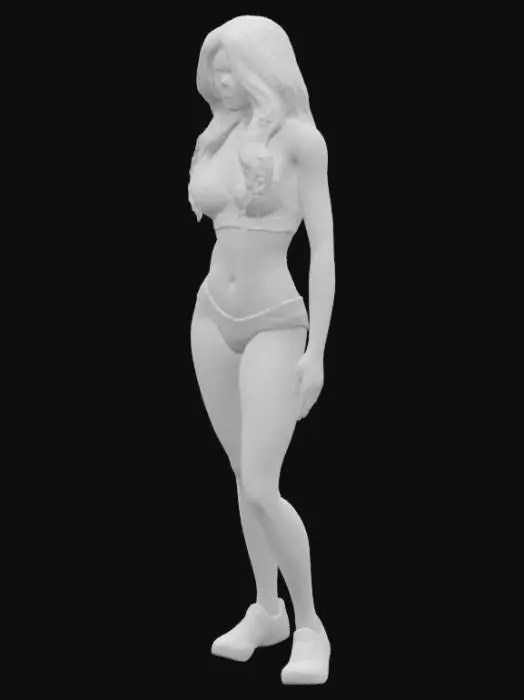 3D model for She stands 1.75m tall with an athletic, hourglass figure—88cm bust, 63cm waist, and 92cm hips. Her skin is warm ivory with light freckles. She has a heart-shaped face, steel-blue almond eyes (3.1cm wide), arched brows, and full rose-tinted lips. Her nose is straight and narrow (4.2cm), with a subtle upturn. Her wavy black hair reaches 90cm down her back. Shoulders span 42cm; limbs are toned—arms and legs lean, with 85cm inseam. Hands are 17.8cm long, feet EU 39. She moves with poise, each feature carefully defined for symmetry and realism.