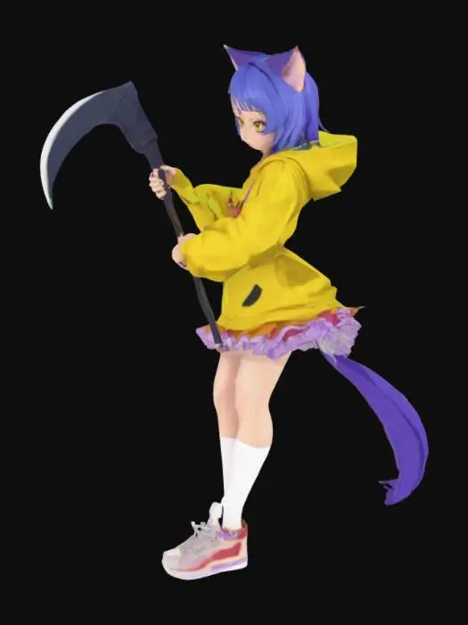 3D model for A dynamic, anime-style character with feline ears and a tail is depicted with soft, smooth textures and a balance of curved and angular lines, featuring blue hair, a bright yellow hoodie, a frilly dress, or long flowing purple hair. The design includes playful expressions, exaggerated proportions, stylized eyes, and variations such as a dark outfit with bat-like wings, a flowing white hairstyle, sharp angular features, jagged teeth, glowing red eyes, a dark choker, and sometimes a dark outfit with red accents while wielding a black scythe.