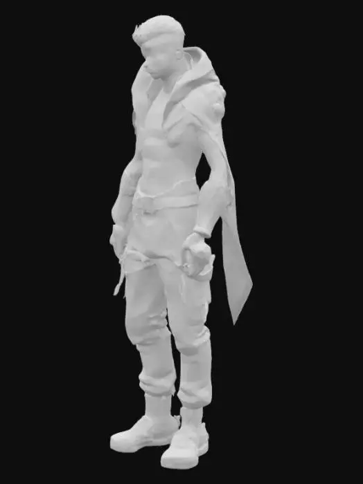 3D model for A futuristic, androgynous character with a sleek, high-tech aesthetic. They wear a modular nanofiber cloak that shifts color with ambient light, textured with subtle glowing circuit patterns. Their skin has an opalescent sheen, with integrated chrome implants on the temples, jawline, and hands. Their eyes glow violet with layered digital HUD overlays. A slim, glowing data-slicer gauntlet wraps around one arm, featuring touch-sensitive panels and soft pulsing lights. They wear minimal yet functional hover-boots with clean lines and micro-thrusters. The overall look is elegant, cyberpunk, and designed for agility — cinematic, highly detailed, and styled for a neon-lit future.
