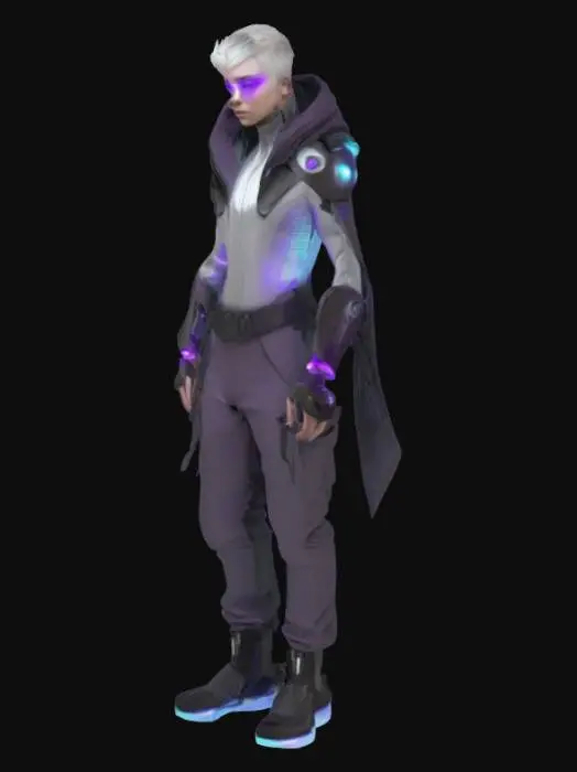 3D model for A futuristic, androgynous character with a sleek, high-tech aesthetic. They wear a modular nanofiber cloak that shifts color with ambient light, textured with subtle glowing circuit patterns. Their skin has an opalescent sheen, with integrated chrome implants on the temples, jawline, and hands. Their eyes glow violet with layered digital HUD overlays. A slim, glowing data-slicer gauntlet wraps around one arm, featuring touch-sensitive panels and soft pulsing lights. They wear minimal yet functional hover-boots with clean lines and micro-thrusters. The overall look is elegant, cyberpunk, and designed for agility — cinematic, highly detailed, and styled for a neon-lit future.
