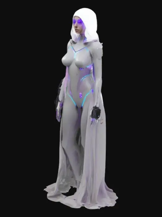 3D model for A futuristic, androgynous character with a sleek, high-tech aesthetic. They wear a modular nanofiber cloak that shifts color with ambient light, textured with subtle glowing circuit patterns. Their skin has an opalescent sheen, with integrated chrome implants on the temples, jawline, and hands. Their eyes glow violet with layered digital HUD overlays. A slim, glowing data-slicer gauntlet wraps around one arm, featuring touch-sensitive panels and soft pulsing lights. They wear minimal yet functional hover-boots with clean lines and micro-thrusters. The overall look is elegant, cyberpunk, and designed for agility — cinematic, highly detailed, and styled for a neon-lit future.
