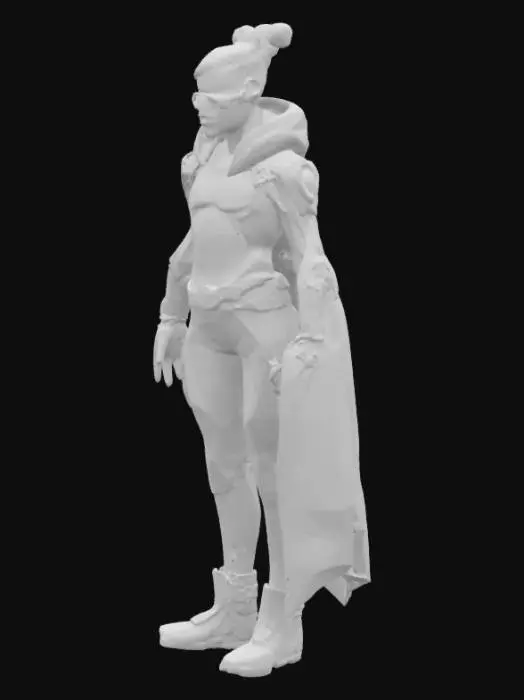 3D model for A futuristic, androgynous character with a sleek, high-tech aesthetic. They wear a modular nanofiber cloak that shifts color with ambient light, textured with subtle glowing circuit patterns. Their skin has an opalescent sheen, with integrated chrome implants on the temples, jawline, and hands. Their eyes glow violet with layered digital HUD overlays. A slim, glowing data-slicer gauntlet wraps around one arm, featuring touch-sensitive panels and soft pulsing lights. They wear minimal yet functional hover-boots with clean lines and micro-thrusters. The overall look is elegant, cyberpunk, and designed for agility — cinematic, highly detailed, and styled for a neon-lit future.
