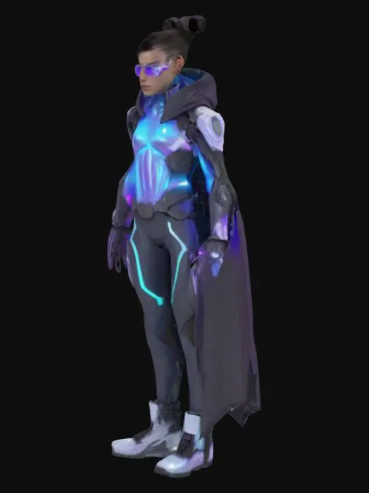 3D model for A futuristic, androgynous character with a sleek, high-tech aesthetic. They wear a modular nanofiber cloak that shifts color with ambient light, textured with subtle glowing circuit patterns. Their skin has an opalescent sheen, with integrated chrome implants on the temples, jawline, and hands. Their eyes glow violet with layered digital HUD overlays. A slim, glowing data-slicer gauntlet wraps around one arm, featuring touch-sensitive panels and soft pulsing lights. They wear minimal yet functional hover-boots with clean lines and micro-thrusters. The overall look is elegant, cyberpunk, and designed for agility — cinematic, highly detailed, and styled for a neon-lit future.
