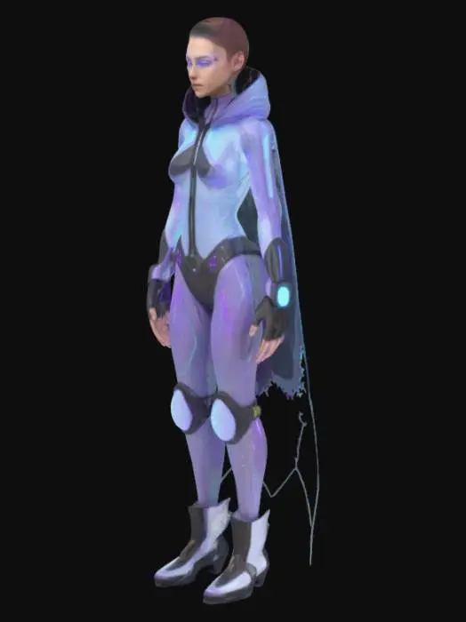 3D model for A futuristic, androgynous character with a sleek, high-tech aesthetic. They wear a modular nanofiber cloak that shifts color with ambient light, textured with subtle glowing circuit patterns. Their skin has an opalescent sheen, with integrated chrome implants on the temples, jawline, and hands. Their eyes glow violet with layered digital HUD overlays. A slim, glowing data-slicer gauntlet wraps around one arm, featuring touch-sensitive panels and soft pulsing lights. They wear minimal yet functional hover-boots with clean lines and micro-thrusters. The overall look is elegant, cyberpunk, and designed for agility — cinematic, highly detailed, and styled for a neon-lit future.
