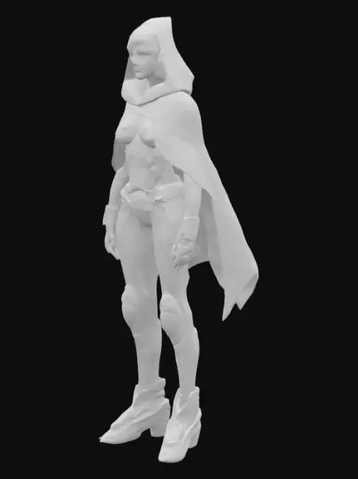 3D model for A futuristic, androgynous character with a sleek, high-tech aesthetic. They wear a modular nanofiber cloak that shifts color with ambient light, textured with subtle glowing circuit patterns. Their skin has an opalescent sheen, with integrated chrome implants on the temples, jawline, and hands. Their eyes glow violet with layered digital HUD overlays. A slim, glowing data-slicer gauntlet wraps around one arm, featuring touch-sensitive panels and soft pulsing lights. They wear minimal yet functional hover-boots with clean lines and micro-thrusters. The overall look is elegant, cyberpunk, and designed for agility — cinematic, highly detailed, and styled for a neon-lit future.
