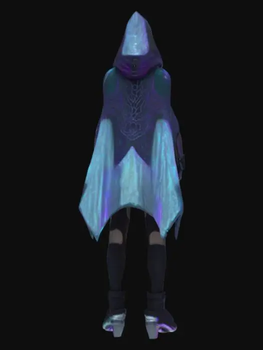 3D model for A futuristic, androgynous character with a sleek, high-tech aesthetic. They wear a modular nanofiber cloak that shifts color with ambient light, textured with subtle glowing circuit patterns. Their skin has an opalescent sheen, with integrated chrome implants on the temples, jawline, and hands. Their eyes glow violet with layered digital HUD overlays. A slim, glowing data-slicer gauntlet wraps around one arm, featuring touch-sensitive panels and soft pulsing lights. They wear minimal yet functional hover-boots with clean lines and micro-thrusters. The overall look is elegant, cyberpunk, and designed for agility — cinematic, highly detailed, and styled for a neon-lit future.
