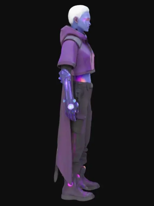 3D model for A futuristic, androgynous character with a sleek, high-tech aesthetic. They wear a modular nanofiber cloak that shifts color with ambient light, textured with subtle glowing circuit patterns. Their skin has an opalescent sheen, with integrated chrome implants on the temples, jawline, and hands. Their eyes glow violet with layered digital HUD overlays. A slim, glowing data-slicer gauntlet wraps around one arm, featuring touch-sensitive panels and soft pulsing lights. They wear minimal yet functional hover-boots with clean lines and micro-thrusters. The overall look is elegant, cyberpunk, and designed for agility — cinematic, highly detailed, and styled for a neon-lit future.
