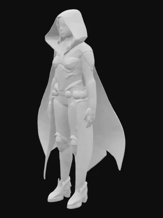 3D model for A futuristic, androgynous character with a sleek, high-tech aesthetic. They wear a modular nanofiber cloak that shifts color with ambient light, textured with subtle glowing circuit patterns. Their skin has an opalescent sheen, with integrated chrome implants on the temples, jawline, and hands. Their eyes glow violet with layered digital HUD overlays. A slim, glowing data-slicer gauntlet wraps around one arm, featuring touch-sensitive panels and soft pulsing lights. They wear minimal yet functional hover-boots with clean lines and micro-thrusters. The overall look is elegant, cyberpunk, and designed for agility — cinematic, highly detailed, and styled for a neon-lit future.
