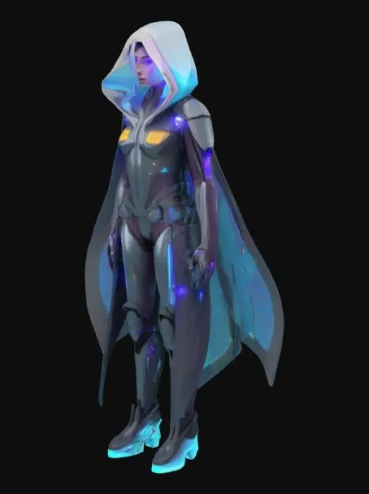 3D model for A futuristic, androgynous character with a sleek, high-tech aesthetic. They wear a modular nanofiber cloak that shifts color with ambient light, textured with subtle glowing circuit patterns. Their skin has an opalescent sheen, with integrated chrome implants on the temples, jawline, and hands. Their eyes glow violet with layered digital HUD overlays. A slim, glowing data-slicer gauntlet wraps around one arm, featuring touch-sensitive panels and soft pulsing lights. They wear minimal yet functional hover-boots with clean lines and micro-thrusters. The overall look is elegant, cyberpunk, and designed for agility — cinematic, highly detailed, and styled for a neon-lit future.

