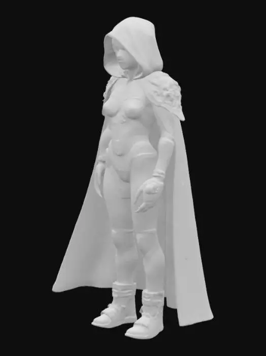 3D model for A futuristic, androgynous character with a sleek, high-tech aesthetic. They wear a modular nanofiber cloak that shifts color with ambient light, textured with subtle glowing circuit patterns. Their skin has an opalescent sheen, with integrated chrome implants on the temples, jawline, and hands. Their eyes glow violet with layered digital HUD overlays. A slim, glowing data-slicer gauntlet wraps around one arm, featuring touch-sensitive panels and soft pulsing lights. They wear minimal yet functional hover-boots with clean lines and micro-thrusters. The overall look is elegant, cyberpunk, and designed for agility — cinematic, highly detailed, and styled for a neon-lit future.
