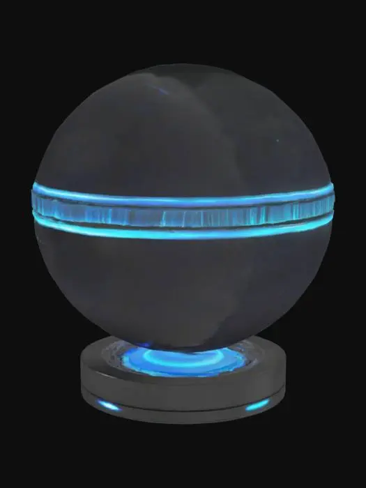 3D model for A smooth, obsidian-like sphere, approximately the size of a human head, appears to hover slightly above its base. Its surface is perfectly polished and cool to the touch, reflecting ambient light with a deep, inky luster. Two subtle, vertical slits on its front glow with an internal, soft, pulsating blue light, resembling watchful eyes that subtly shift in intensity. Intricate, almost imperceptible silver circuitry lines are etched just beneath its surface, occasionally flaring with a faint internal current, hinting at complex internal processes.