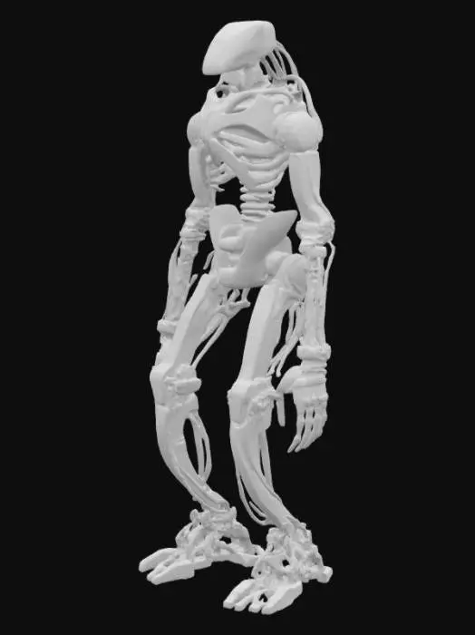 3D model for A futuristic, robotic skeleton, meticulously assembled from sleek, polished dark metallic alloys. Its surface reflects light with a cool, sharp sheen, while subtle glowing blue conduits traverse its limbs and torso. Mechanical joints and visible hydraulic components articulate each bone-like segment. The texture is smooth, hard, and precisely engineered, giving it a robust, powerful, and cold tactile presence.