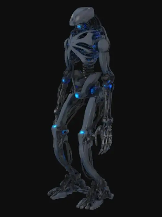 3D model for A futuristic, robotic skeleton, meticulously assembled from sleek, polished dark metallic alloys. Its surface reflects light with a cool, sharp sheen, while subtle glowing blue conduits traverse its limbs and torso. Mechanical joints and visible hydraulic components articulate each bone-like segment. The texture is smooth, hard, and precisely engineered, giving it a robust, powerful, and cold tactile presence.