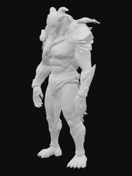 3D model for A towering 10-foot-tall humanoid with a hyper-defined 40-pack torso, alternating dense armored abs and flexible sinew layers. Every second ab pulses with glowing motion as the being coils, flexes, and twists with perfect control. Their obsidian skin is laced with bio-fiber veins and faint light patterns. Their face is regal and alien, with glowing vertical eyes and thick braided tendrils running down the spine. Designed for power, grace, and war — a living god of motion and might.