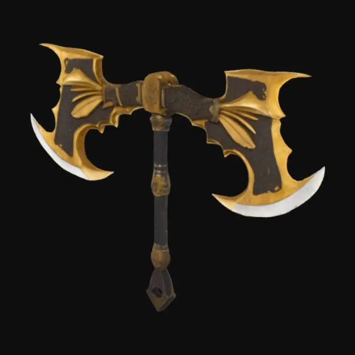 3D model for The object features a double-headed axe shape with intricate, demonic-like and wing-like, serrated golden blades, a detailed, ornamental handle covered in runes, and a metallic, textured surface.