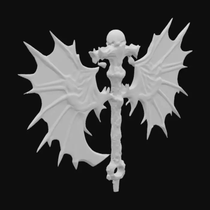 3D model for The object features a double-headed axe shape with intricate, demonic-like and wing-like, serrated golden blades made from dragon teeth, a detailed, ornamental handle covered in runes, topped with skulls linked to the blade with bones, a metallic, textured surface. 500,000 faces or more and 250,000 vertices or more