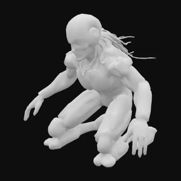 3D model for A dynamic cybernetic human adopts a ready-to-strike posture, its form a complex blend of matte black carbon fiber and visible, bundled optical fibers that pulse with a soft violet luminescence. Smooth, resilient synthetic muscle sheets cover its limbs, offering a responsive tactile experience. Its sharply defined face features a reinforced chin, with keen, almond-shaped optics that glow with a piercing, cool blue, continuously streaming complex fractal patterns.
