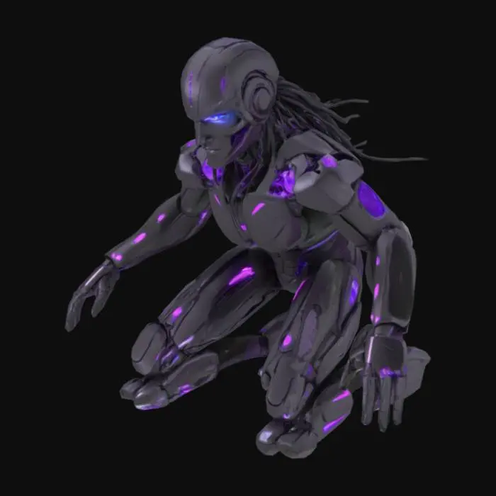 3D model for A dynamic cybernetic human adopts a ready-to-strike posture, its form a complex blend of matte black carbon fiber and visible, bundled optical fibers that pulse with a soft violet luminescence. Smooth, resilient synthetic muscle sheets cover its limbs, offering a responsive tactile experience. Its sharply defined face features a reinforced chin, with keen, almond-shaped optics that glow with a piercing, cool blue, continuously streaming complex fractal patterns.