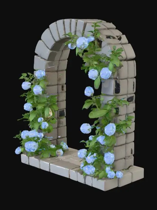 3D model for A  creeper plant with small pale blue flowers clinging to the ruins of a vertical stone wall with the remnants of a window in it. 
