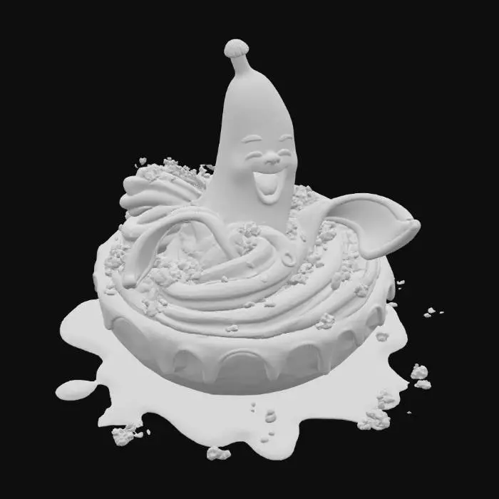 3D model for A half peeled anthropomorphic banana is sticking out of a swirling mound of chocolate and vanilla ice-cream which has been drizzled with chocolate syrup and sprinkled with crushed nuts. The banana seems to be singing.