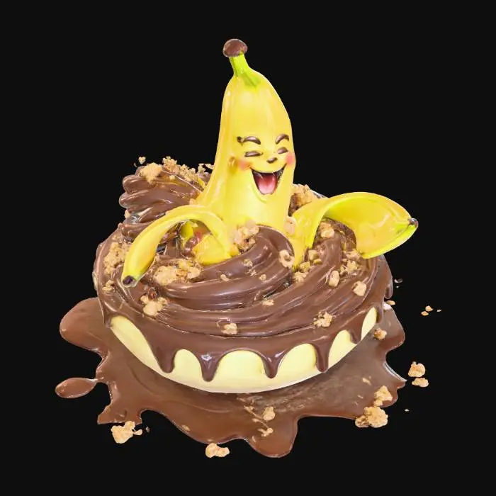 3D model for A half peeled anthropomorphic banana is sticking out of a swirling mound of chocolate and vanilla ice-cream which has been drizzled with chocolate syrup and sprinkled with crushed nuts. The banana seems to be singing.
