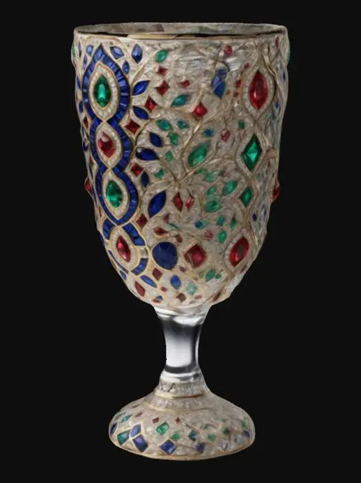 3D model for Un vaso dal design moderno e lussuoso, con una silhouette elegante e fluida. Superficie decorata con intarsi di gioielli brillanti, come diamanti, rubini, smeraldi e zaffiri, disposti in motivi intricati e simmetrici. 