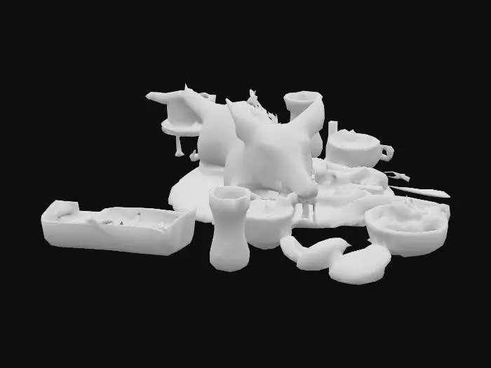 3D model for Elaborate fantasy banquet scene with large roasted boar as centerpiece on heavy oak dining table, perfectly browned meat with rosemary and thyme garnish, accompanied by steaming bowls of root vegetables, fresh bread loaves, clay jugs of ale, brass goblets, warm golden lighting from medieval candles, rich textures suitable for tabletop gaming environments", #food#