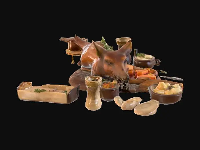 3D model for Elaborate fantasy banquet scene with large roasted boar as centerpiece on heavy oak dining table, perfectly browned meat with rosemary and thyme garnish, accompanied by steaming bowls of root vegetables, fresh bread loaves, clay jugs of ale, brass goblets, warm golden lighting from medieval candles, rich textures suitable for tabletop gaming environments", #food#