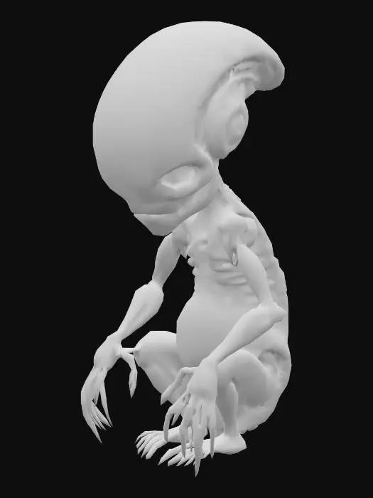 3D model for A hyper-realistic 3D model of an alien infant in the biomechanical style of H. R. Giger, featuring detailed exoskeletal structures, elongated skull, ridged spine, biomech limbs fused with tubing and cables, translucent skin with visible veins, slightly curled fetal posture, detailed facial features with closed eyes and ridged brow, organic-mechanical textures, highly detailed sculptural design, suitable for 3D printing, 12 cm tall
