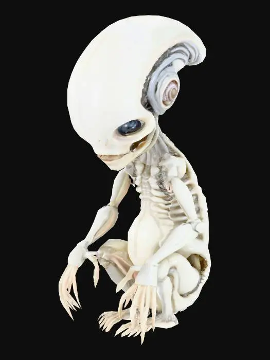 3D model for A hyper-realistic 3D model of an alien infant in the biomechanical style of H. R. Giger, featuring detailed exoskeletal structures, elongated skull, ridged spine, biomech limbs fused with tubing and cables, translucent skin with visible veins, slightly curled fetal posture, detailed facial features with closed eyes and ridged brow, organic-mechanical textures, highly detailed sculptural design, suitable for 3D printing, 12 cm tall
