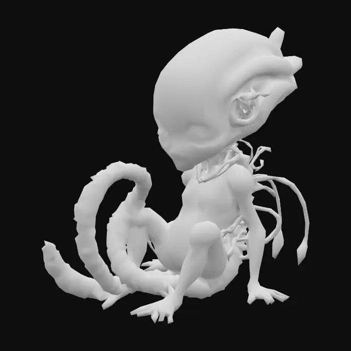3D model for A hyper-realistic 3D model of an alien infant in the biomechanical style of H. R. Giger, featuring detailed exoskeletal structures, elongated skull, ridged spine, biomech limbs fused with tubing and cables, translucent skin with visible veins, slightly curled fetal posture, detailed facial features with closed eyes and ridged brow, organic-mechanical textures, highly detailed sculptural design, suitable for 3D printing, 12 cm tall
