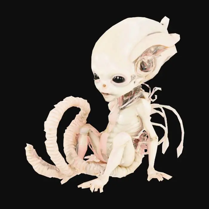 3D model for A hyper-realistic 3D model of an alien infant in the biomechanical style of H. R. Giger, featuring detailed exoskeletal structures, elongated skull, ridged spine, biomech limbs fused with tubing and cables, translucent skin with visible veins, slightly curled fetal posture, detailed facial features with closed eyes and ridged brow, organic-mechanical textures, highly detailed sculptural design, suitable for 3D printing, 12 cm tall
