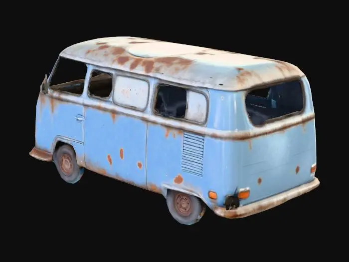 3D model for blue van wreckage, post apocalyptic style